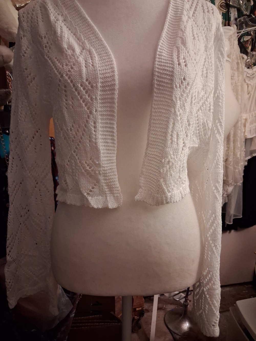 New, White Open-Front Crochet Knit Cropped Cardigan Long Bell Sleeves,Size Med